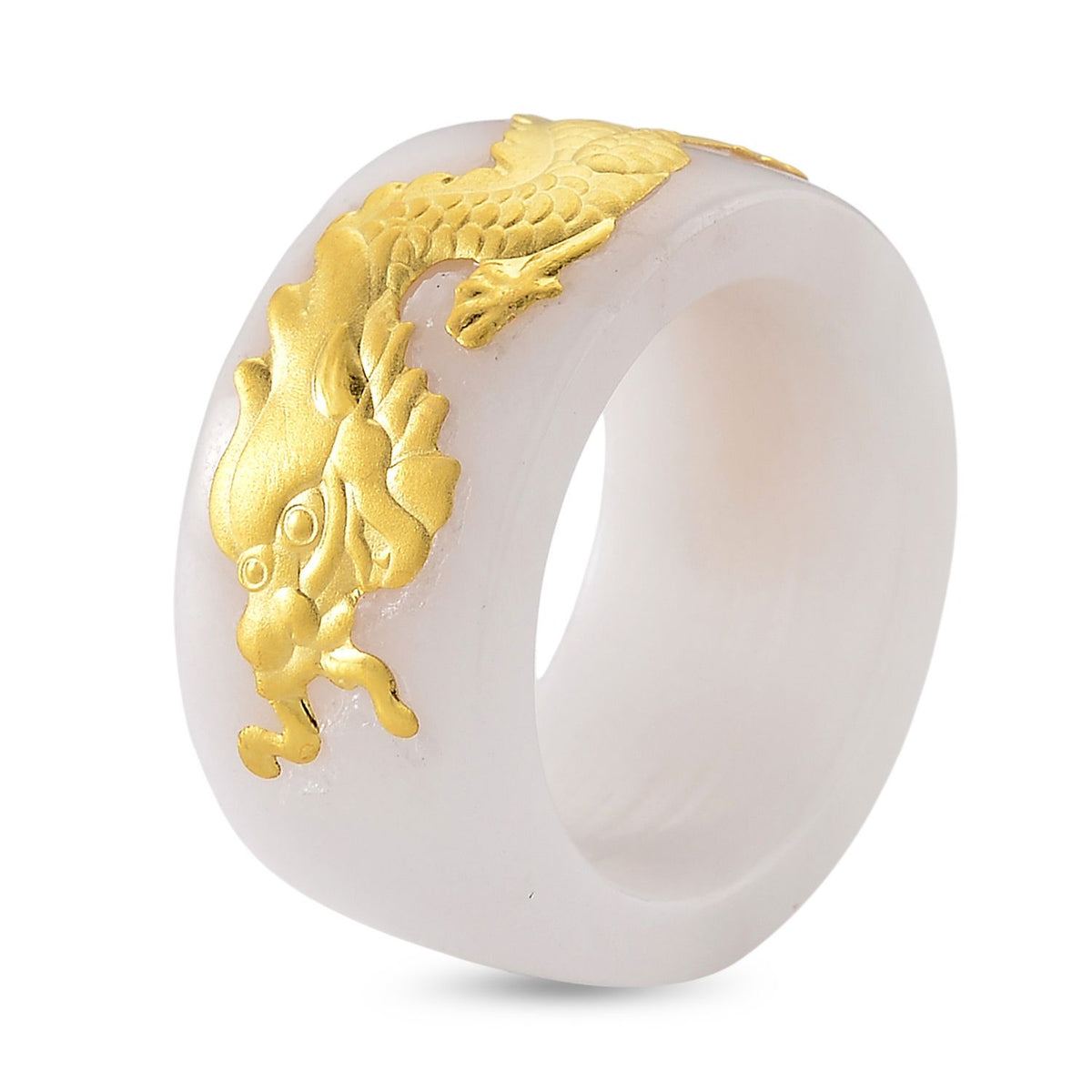 24K Yellow Gold Natural White Jadeite Drgon Band Ring 35.00 Ct. V32558234 4