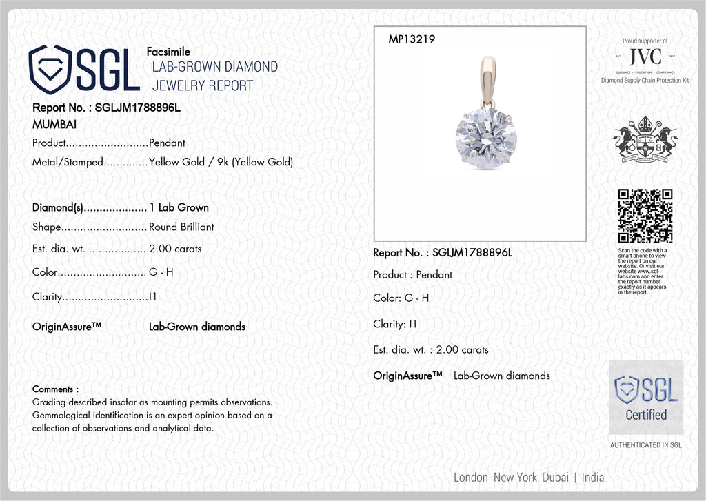 9K Yellow Gold SGL Certified Lab Grown Diamond (I1/GH) Solitaire Pendant 2.03 Ct._8361893_8