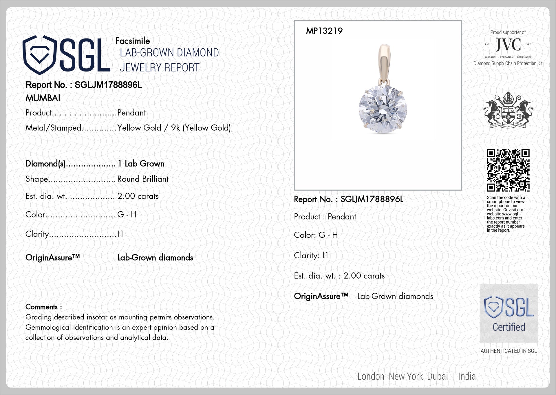 LUXURIANT 2 Ct. Lab Grown Diamond Solitaire Pendant in 9K Yellow Gold SGL Certified (I1/GH) 8361893 8