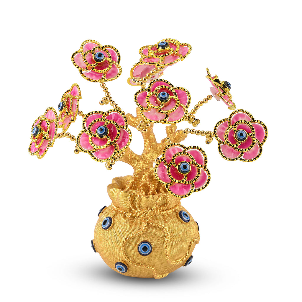 Resin Deco Evil Eye Bonsai Tree - Golden Yellow Pot with Pink Flowers (20 x 9cm)_8363440