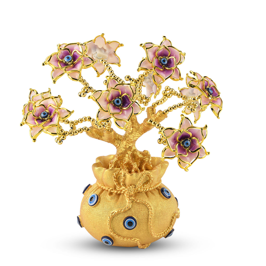 Resin Deco Evil Eye Bonsai Tree - Golden Yellow Pot with Light Pink Flowers (20 x 9cm)_8363441
