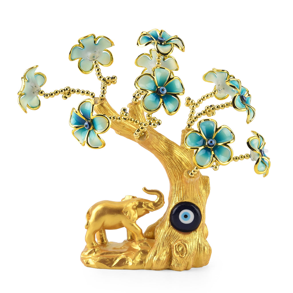Resin Deco Elephant Evil Eye Bonsai Tree - Yellow Trunk Fortune Tree with Teal Flowers (20 x 9 cm)_8363444