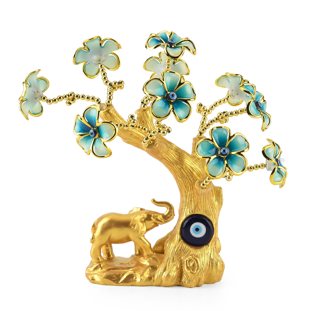Resin Deco Elephant Evil Eye Bonsai Tree - Yellow Trunk Fortune Tree with Teal Flowers (20 x 9 cm) V32491023 0