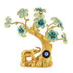 Resin Deco Elephant Evil Eye Bonsai Tree - Yellow Trunk Fortune Tree with Teal Flowers (20 x 9 cm)_8363444