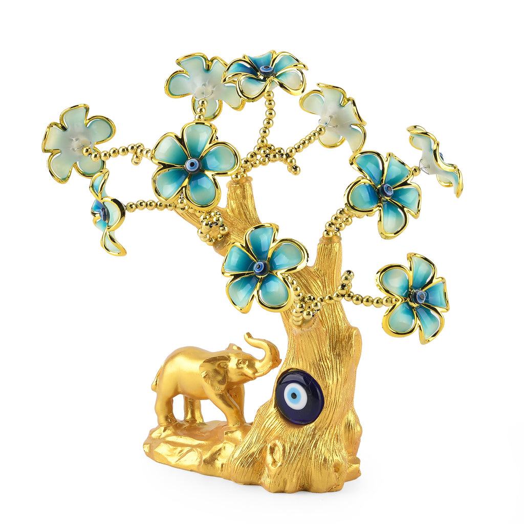 Resin Deco Elephant Evil Eye Bonsai Tree - Yellow Trunk Fortune Tree with Teal Flowers (20 x 9 cm)_8363444_1