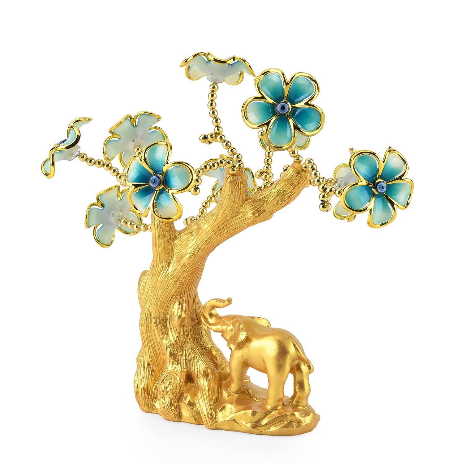 Resin Deco Elephant Evil Eye Bonsai Tree - Yellow Trunk Fortune Tree with Teal Flowers (20 x 9 cm) V32491023 3