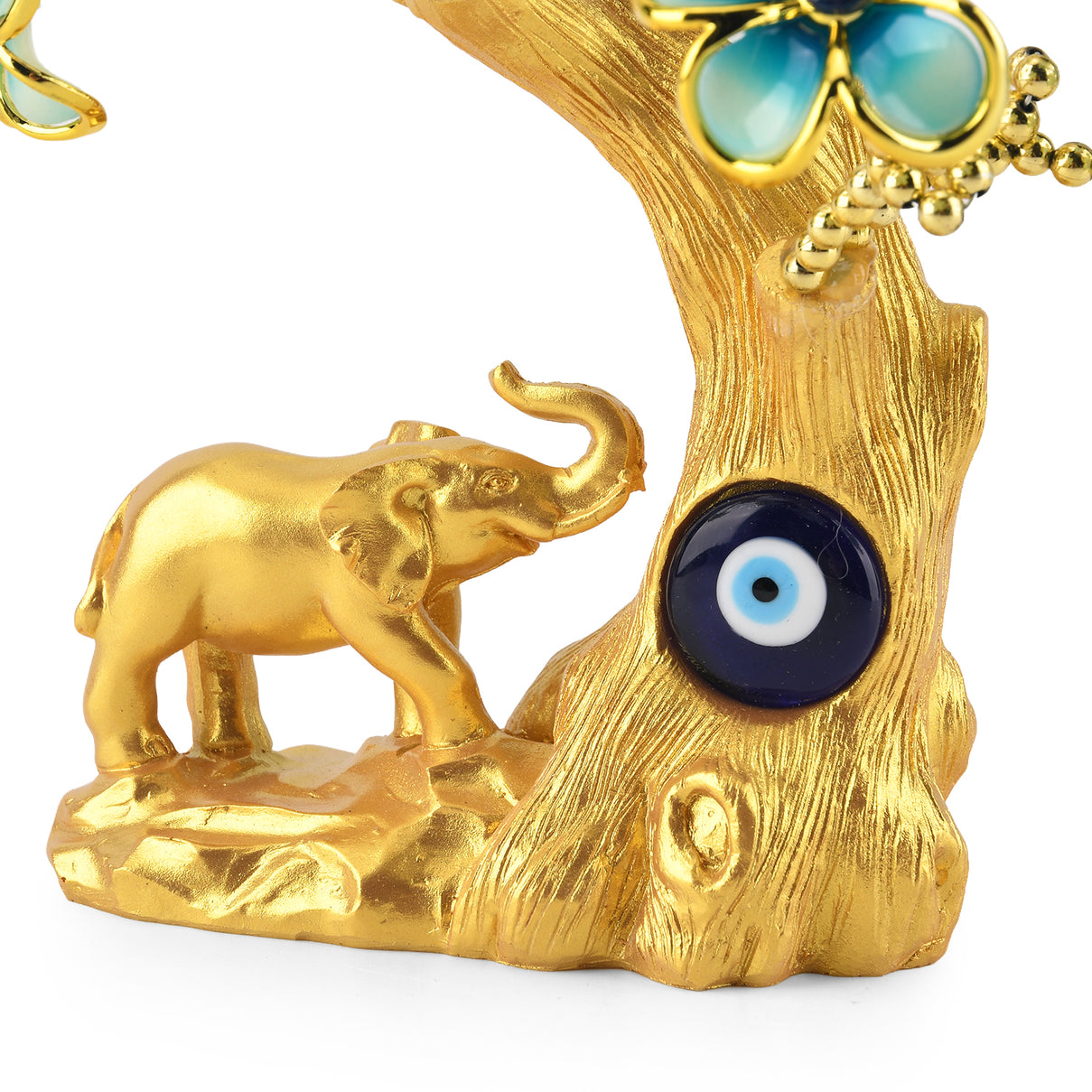 Resin Deco Elephant Evil Eye Bonsai Tree - Yellow Trunk Fortune Tree with Teal Flowers (20 x 9 cm) V32491023 5