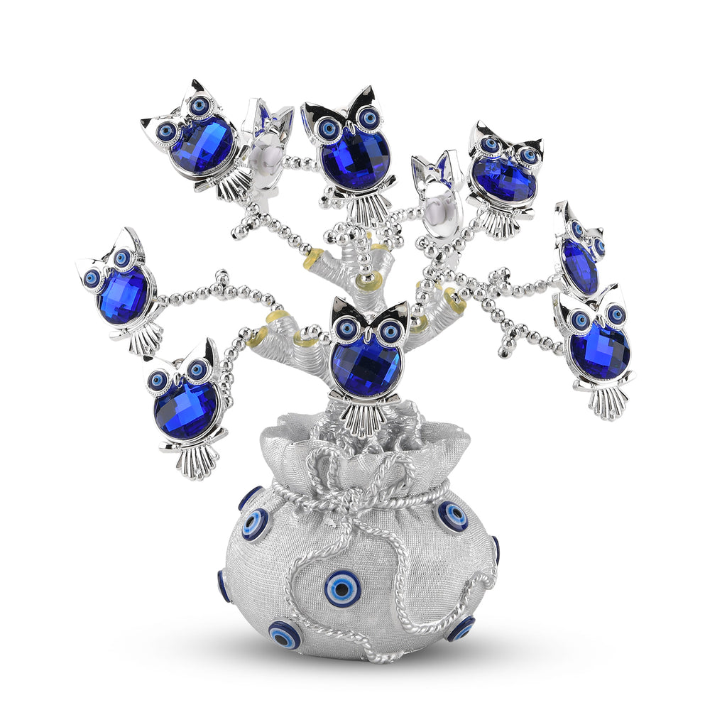 Resin Deco Owl Fortune Tree with Blue Owls (20 x 9 cm) - Silver_8363716