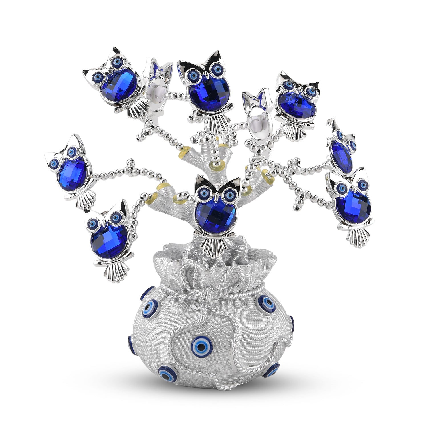 Resin Deco Owl Fortune Tree with Blue Owls (20 x 9 cm) - Silver V32515513 0