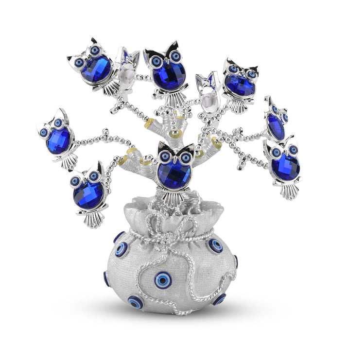 Resin Deco Owl Fortune Tree with Blue Owls (20 x 9 cm) - Silver 8363716 1