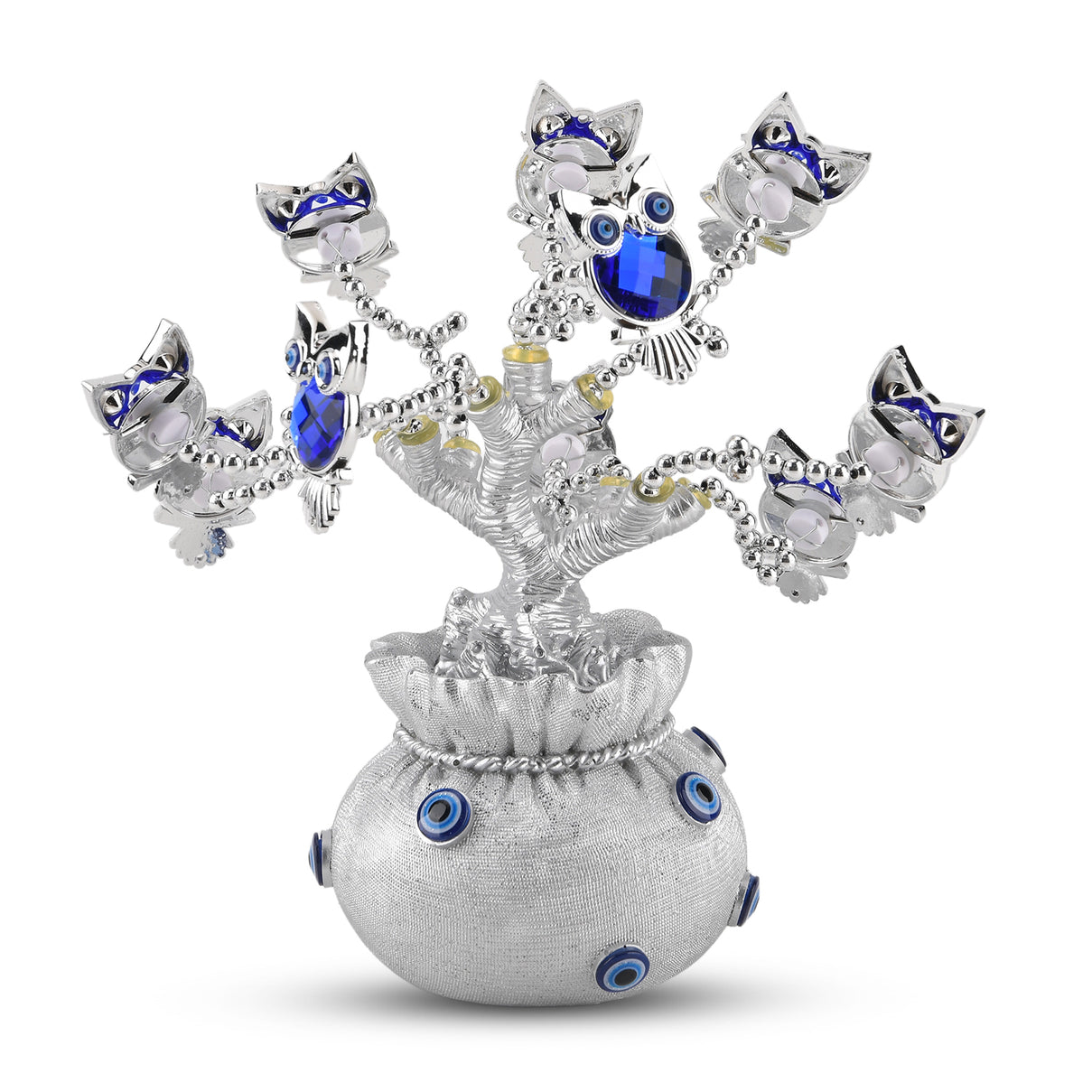 Resin Deco Owl Fortune Tree with Blue Owls (20 x 9 cm) - Silver V32515513 2