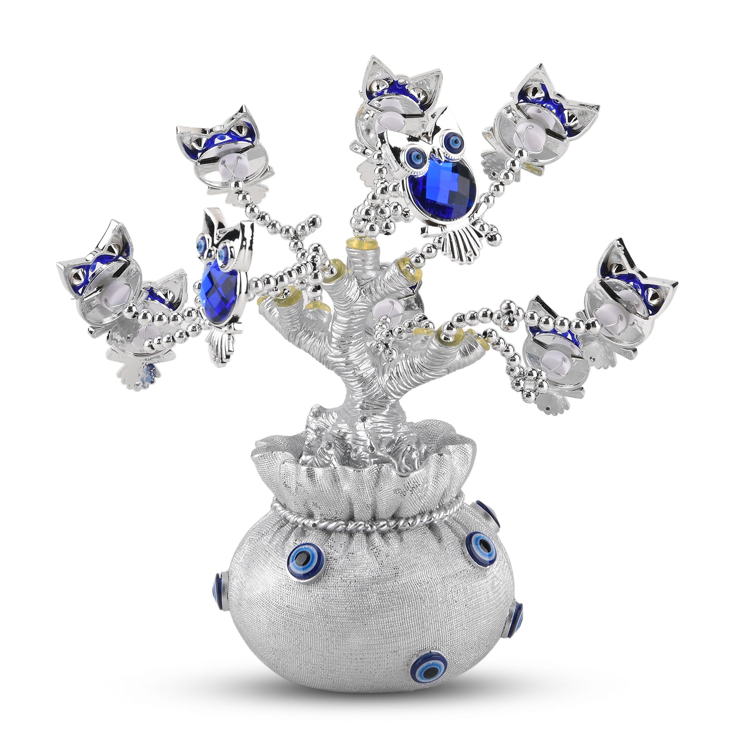 Resin Deco Owl Fortune Tree with Blue Owls (20 x 9 cm) - Silver V32515513 2
