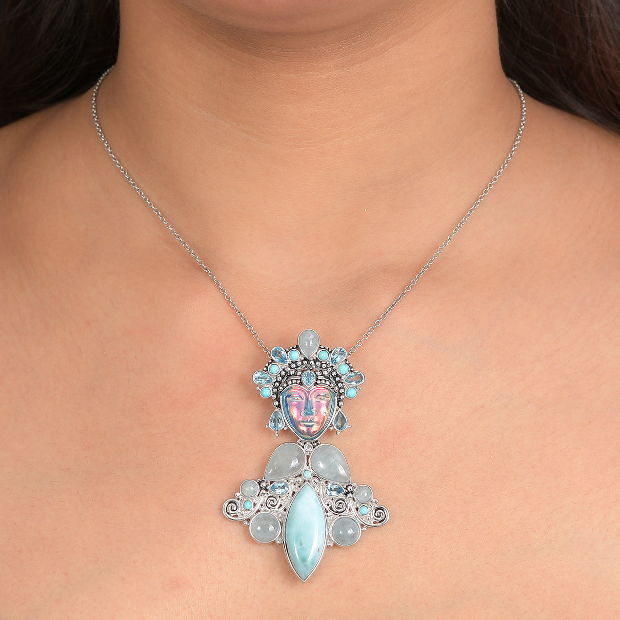 Sajen Silver- Optic Fibre Pink Pearl Coating &amp; Multi Gemstones Goddess Pendant in Rhodium Overlay Sterling Silver 29.36 Ct. V32516507 2