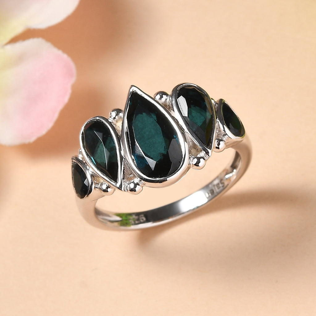 Sajen Silver- Indicolite Quartz Pear Cut 5 Stone Ring in Rhodium Overlay Sterling Silver 7.27 Ct._8364124_1