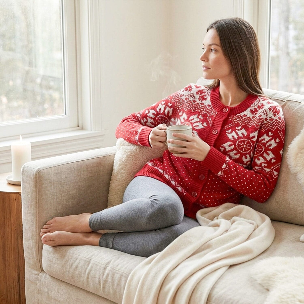 Close Out Collection Snowflakes Super Soft Cardigan (Size L) - Red V32352940 2