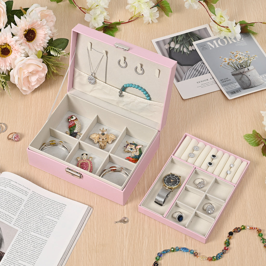 2 Layers Jewellery Box, Elegant Jewellery Organiser With Lock And Key - Pink_8366487_1