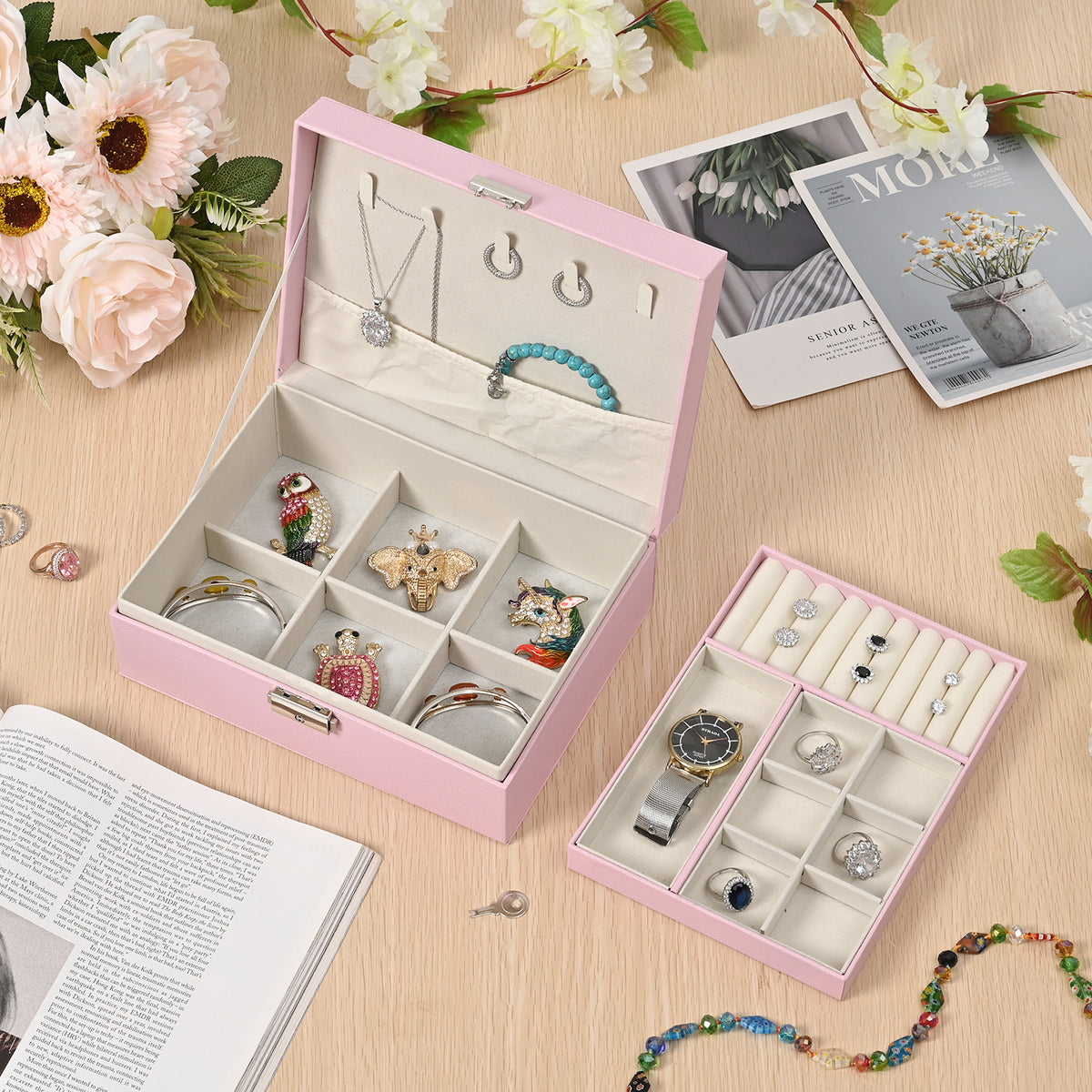 2 Layers Jewellery Box, Elegant Jewellery Organiser With Lock And Key - Pink 8366487 2