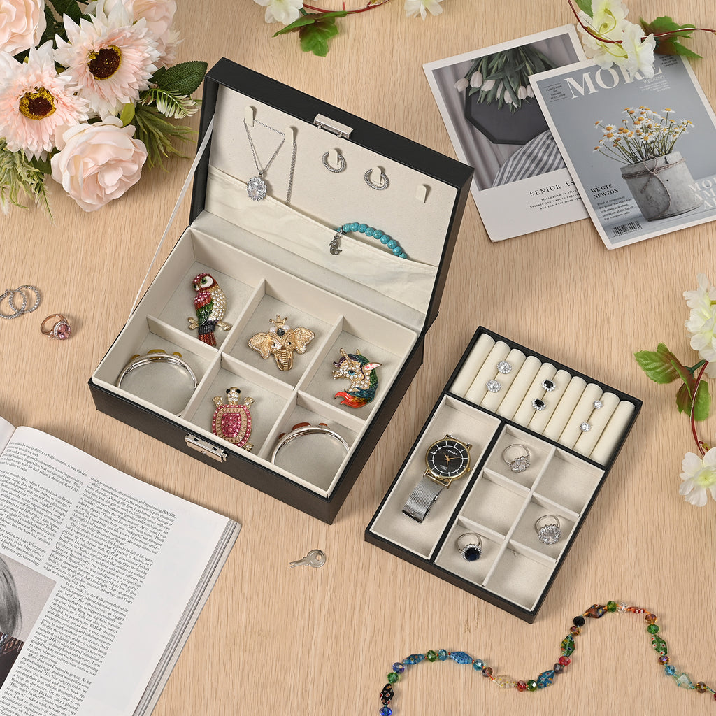 2 Layers Jewellery Box, Elegant Jewellery Organiser With Lock And Key - Black_8366489_1