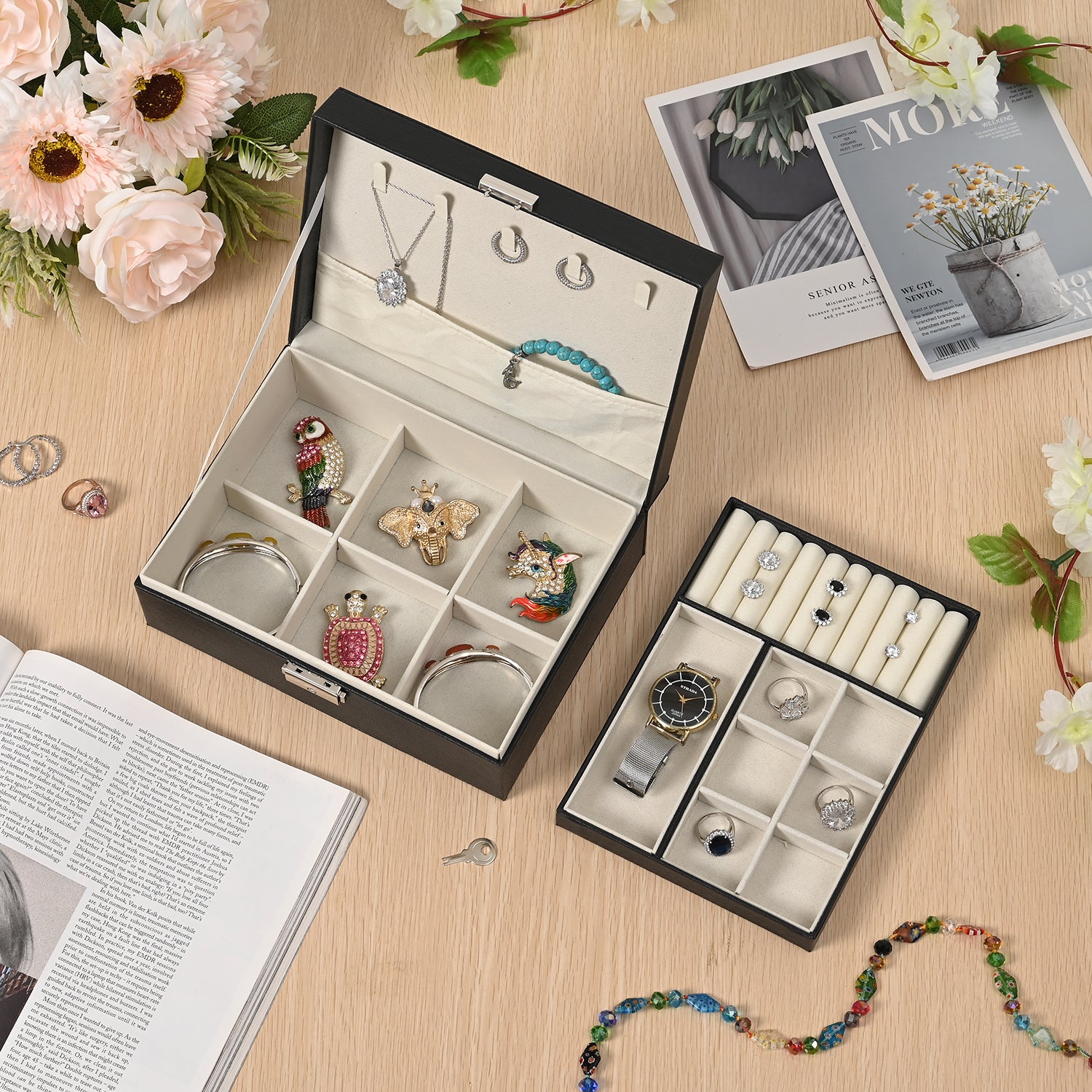 2 Layers Jewellery Box, Elegant Jewellery Organiser With Lock And Key - Black V32531253 2
