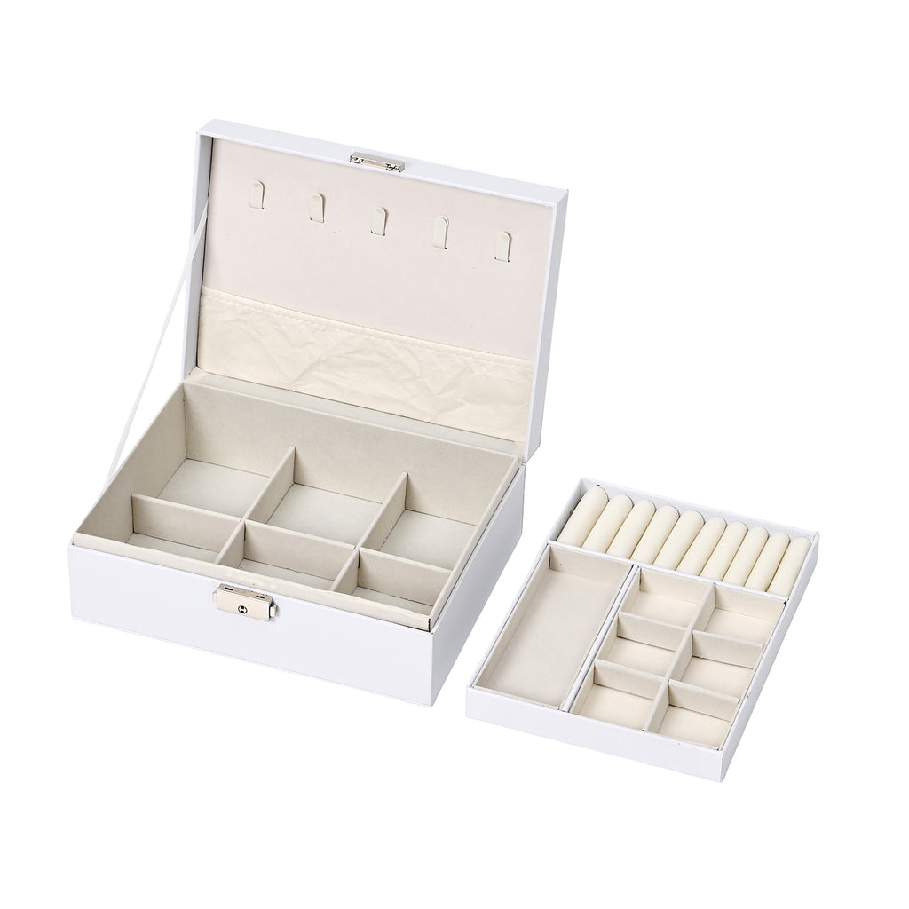 2 Layers Jewellery Box, Elegant Jewellery Organiser With Lock And Key - White_8366491_5
