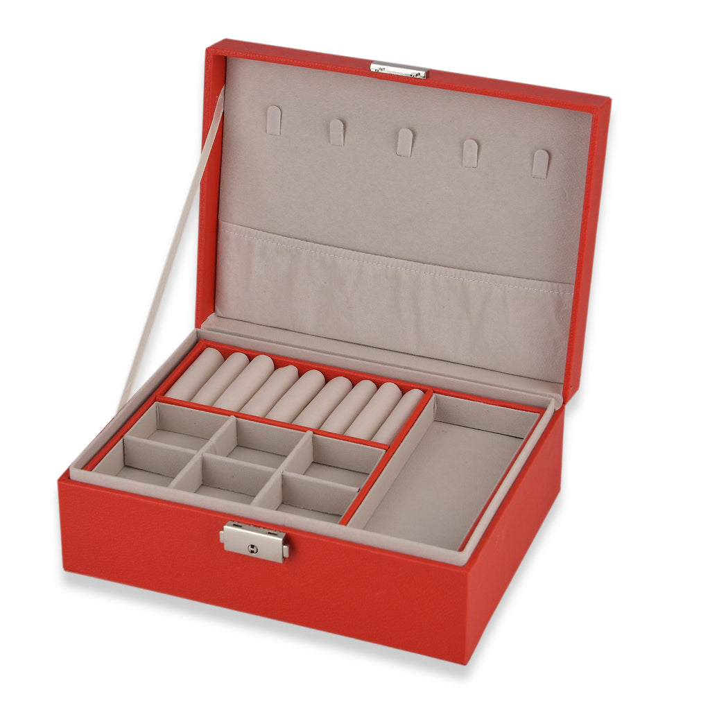 2 Layers Jewellery Box, Elegant Jewellery Organiser With Lock And Key - Red_8366492