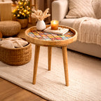 Mango Wood Multi-Colour Enamelled Checkered Mosaic Round End Coffee Table (45 x 45cm)_8367276_1
