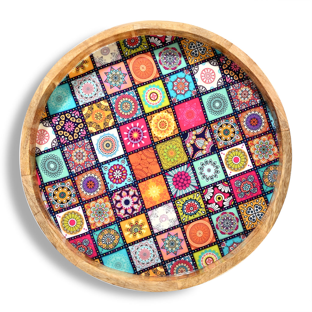 Mango Wood Multi-Colour Enamelled Checkered Mosaic Round End Coffee Table (45 x 45cm)_8367276_5