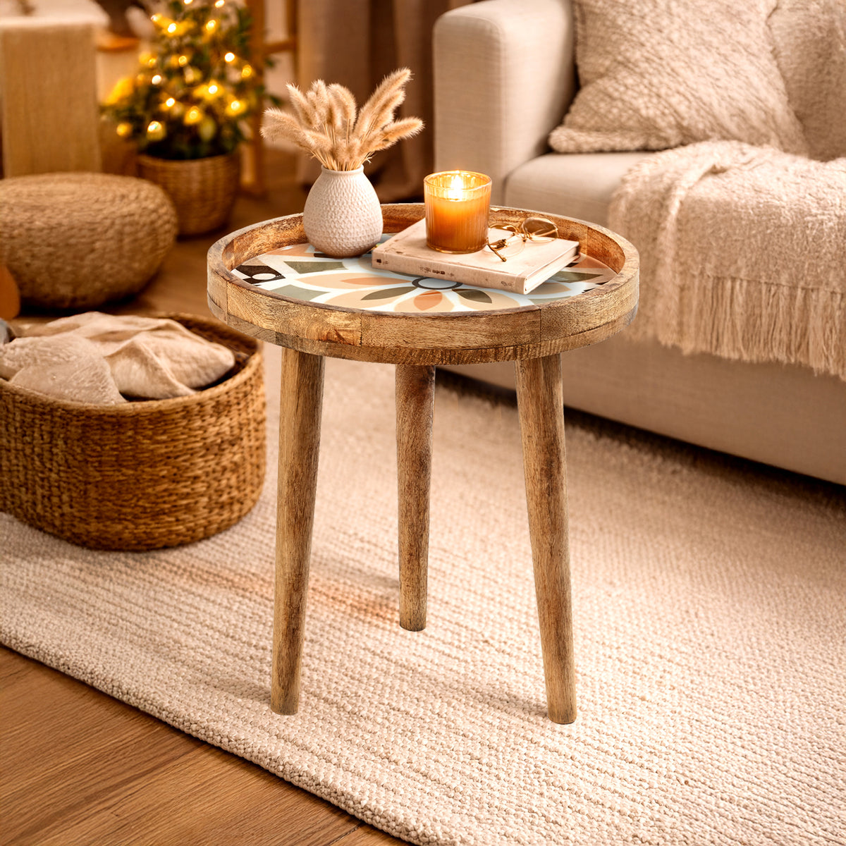Mango Wood Multi-Colour Flower Mosaic Round End Coffee Table (45 x 45cm) - White. V32720344 2