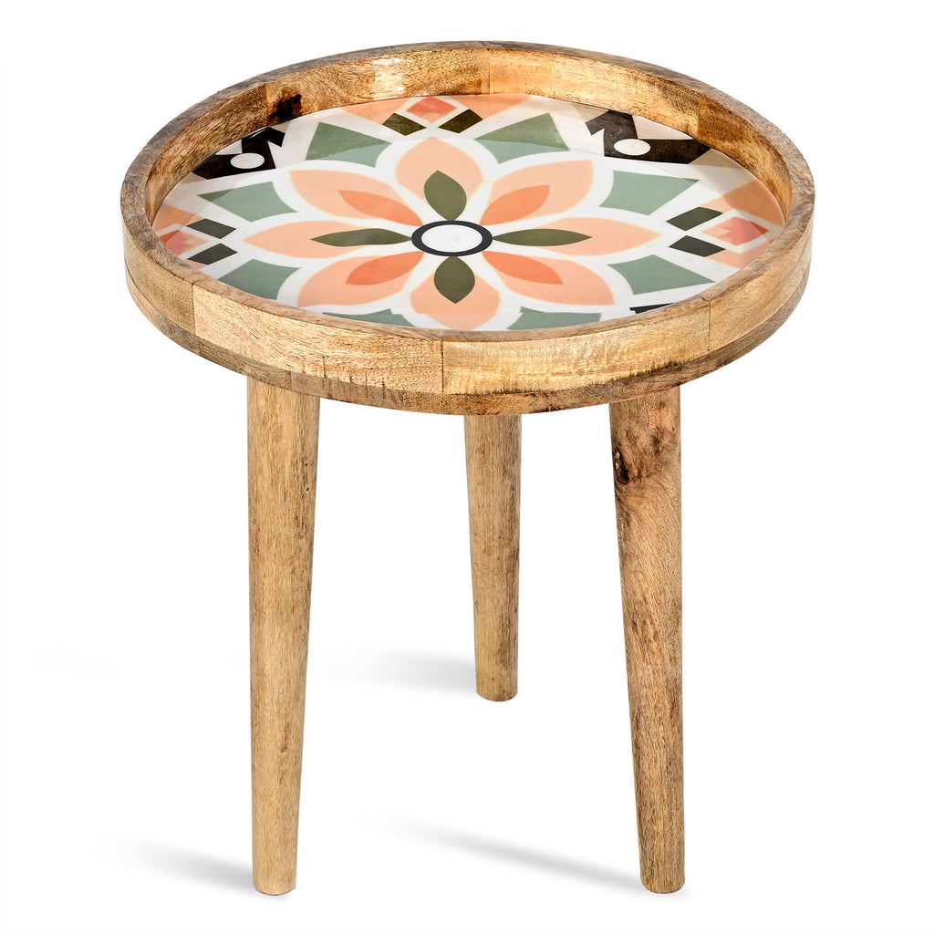 Mango Wood Multi-Colour Flower Mosaic Round End Coffee Table (45 x 45cm) - White._8367289_2