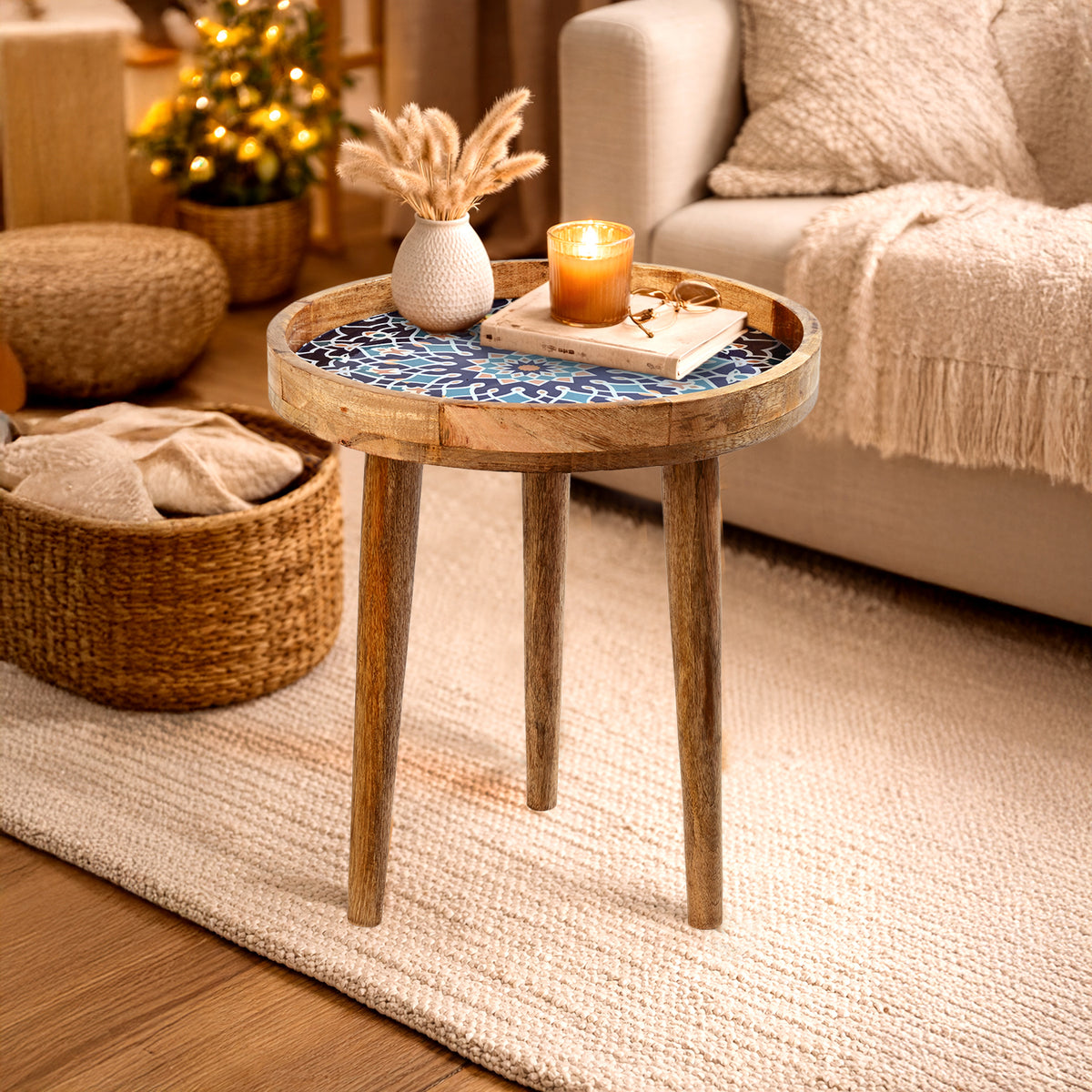 Mango Wood Multi-Colour Mosaic Round End Coffee Table (45 x 45cm) - Blue V32566174 2