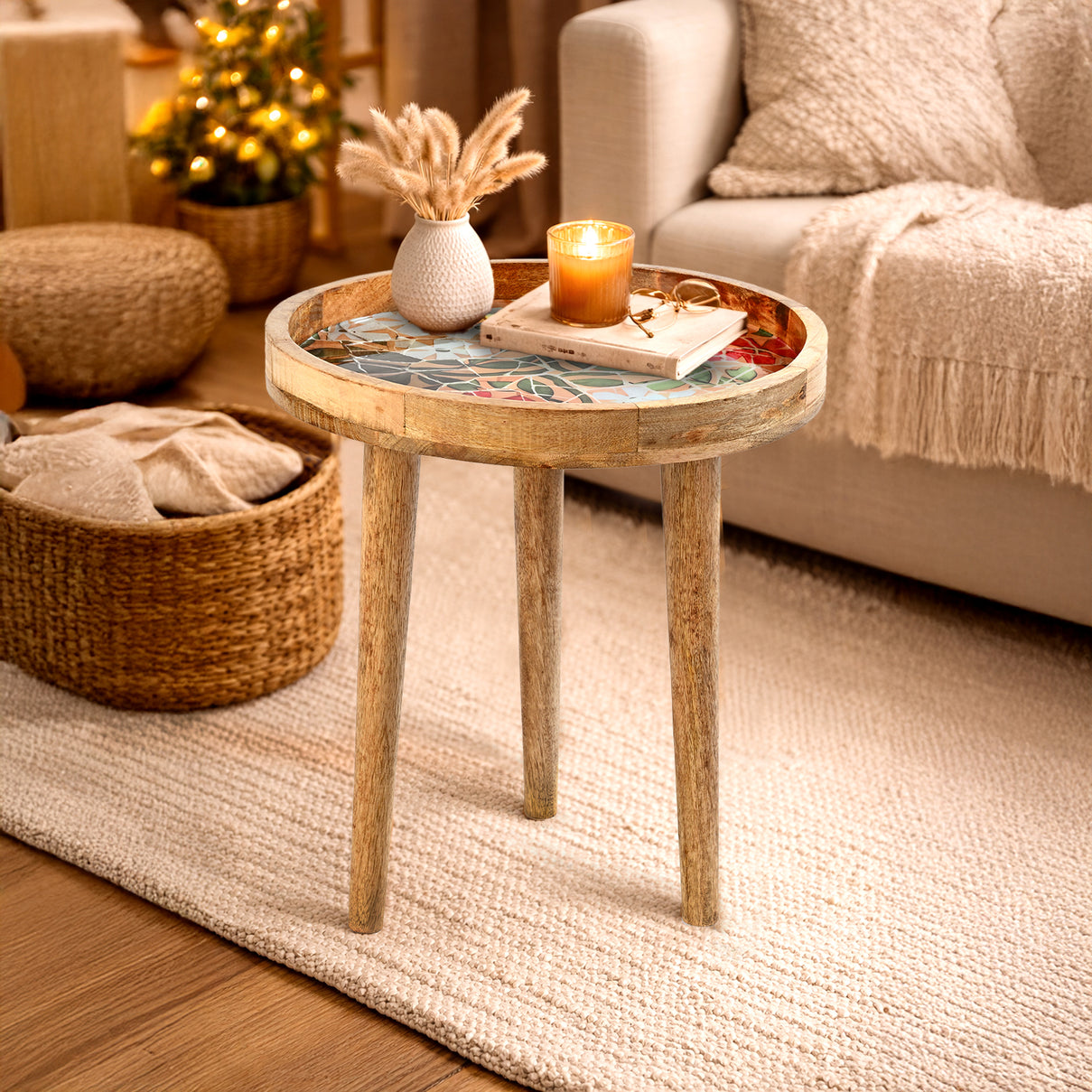 Mango Wood Multi-Colour Enamelled Flower Mosaic Round End Coffee Table (45 x 45cm) - White &amp; Red 8367293 1
