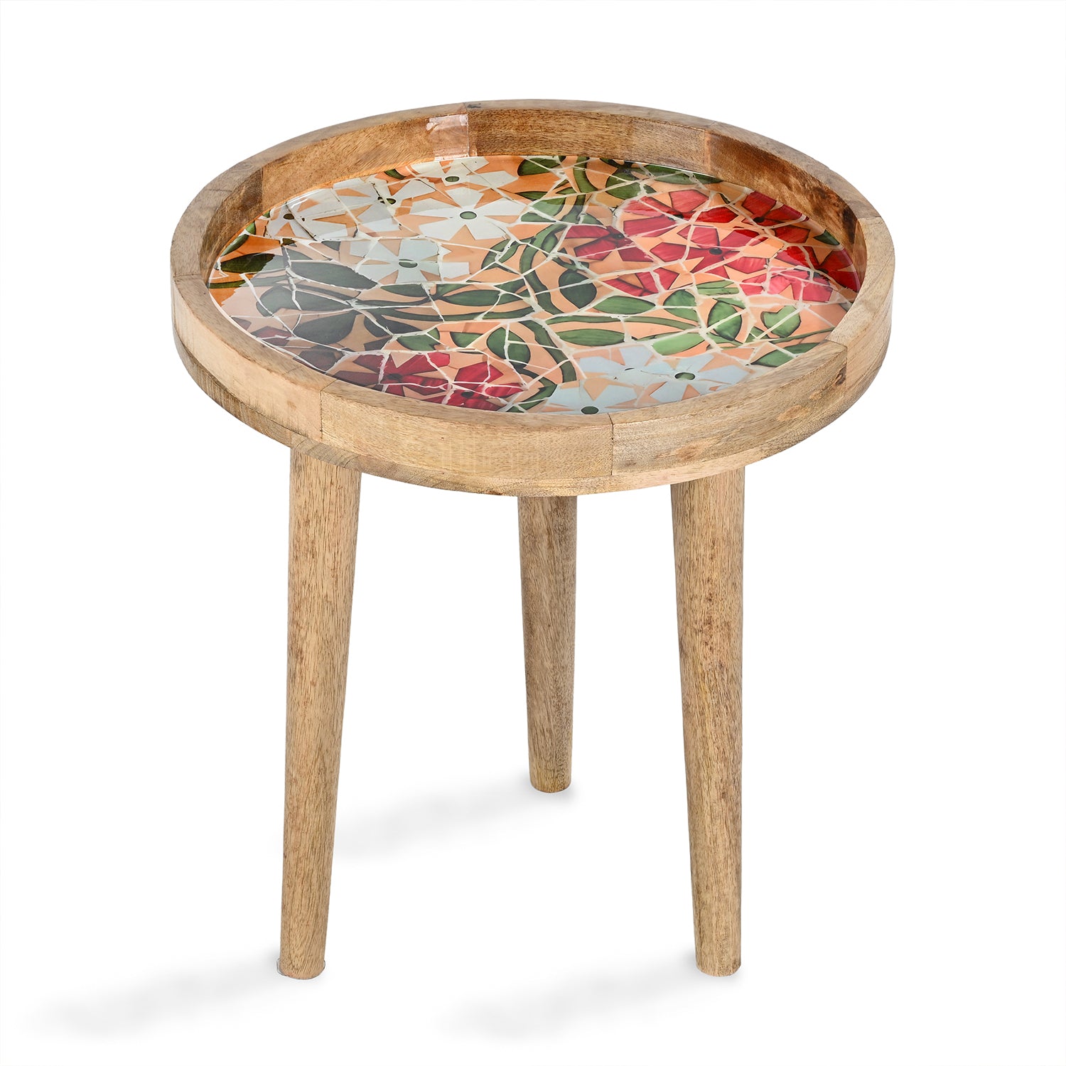 Mango Wood Multi-Colour Enamelled Flower Mosaic Round End Coffee Table (45 x 45cm) - White &amp; Red 8367293 2