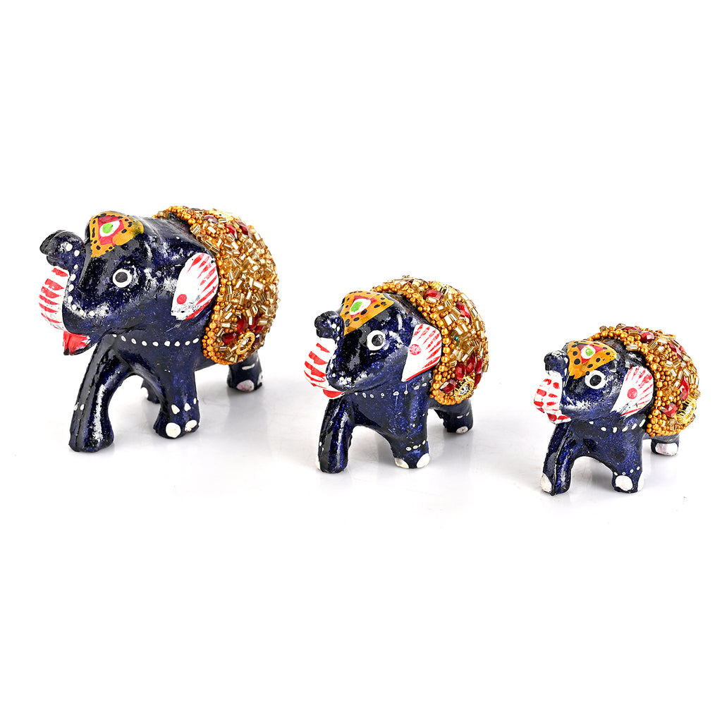LIVMORE Set of 3 Handmade Beaded Resin Elephant (5 to 8cm) - Navy & Gold_8369593