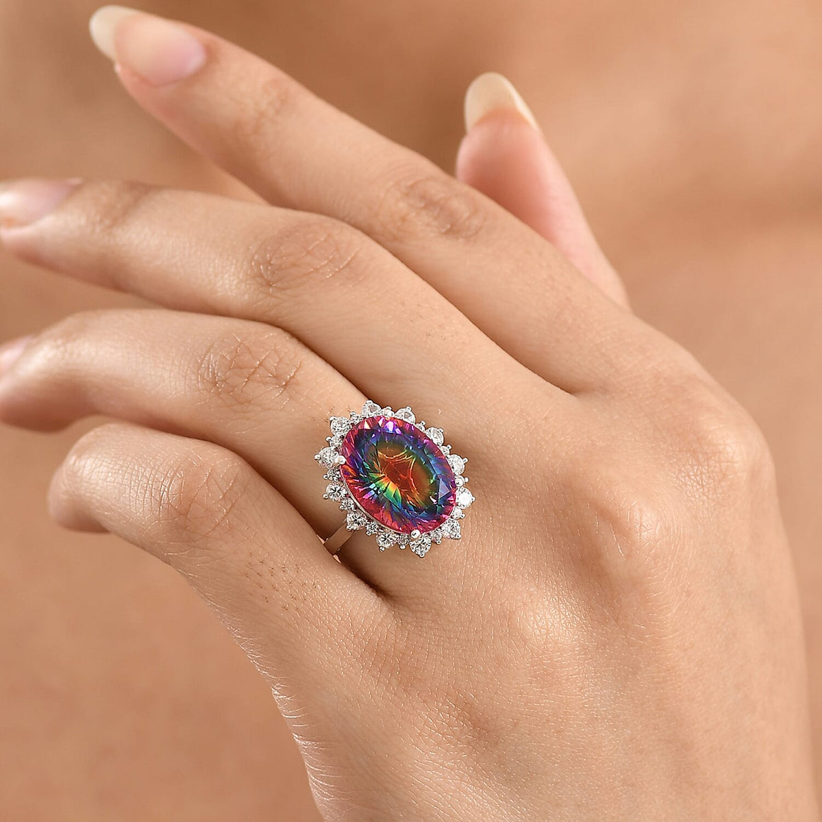 D'Joy Nebula Quartz Doublet &amp; White Zircon Ring in Rhodium Overlay Sterling Silver 11.85 Ct. V32568993 3