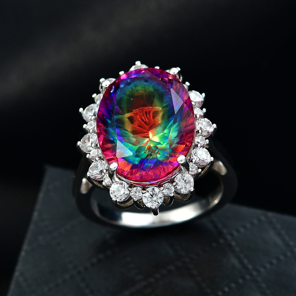 D'Joy Nebula Quartz Doublet & White Zircon Ring in Rhodium Overlay Sterling Silver 11.85 Ct._8369905_1