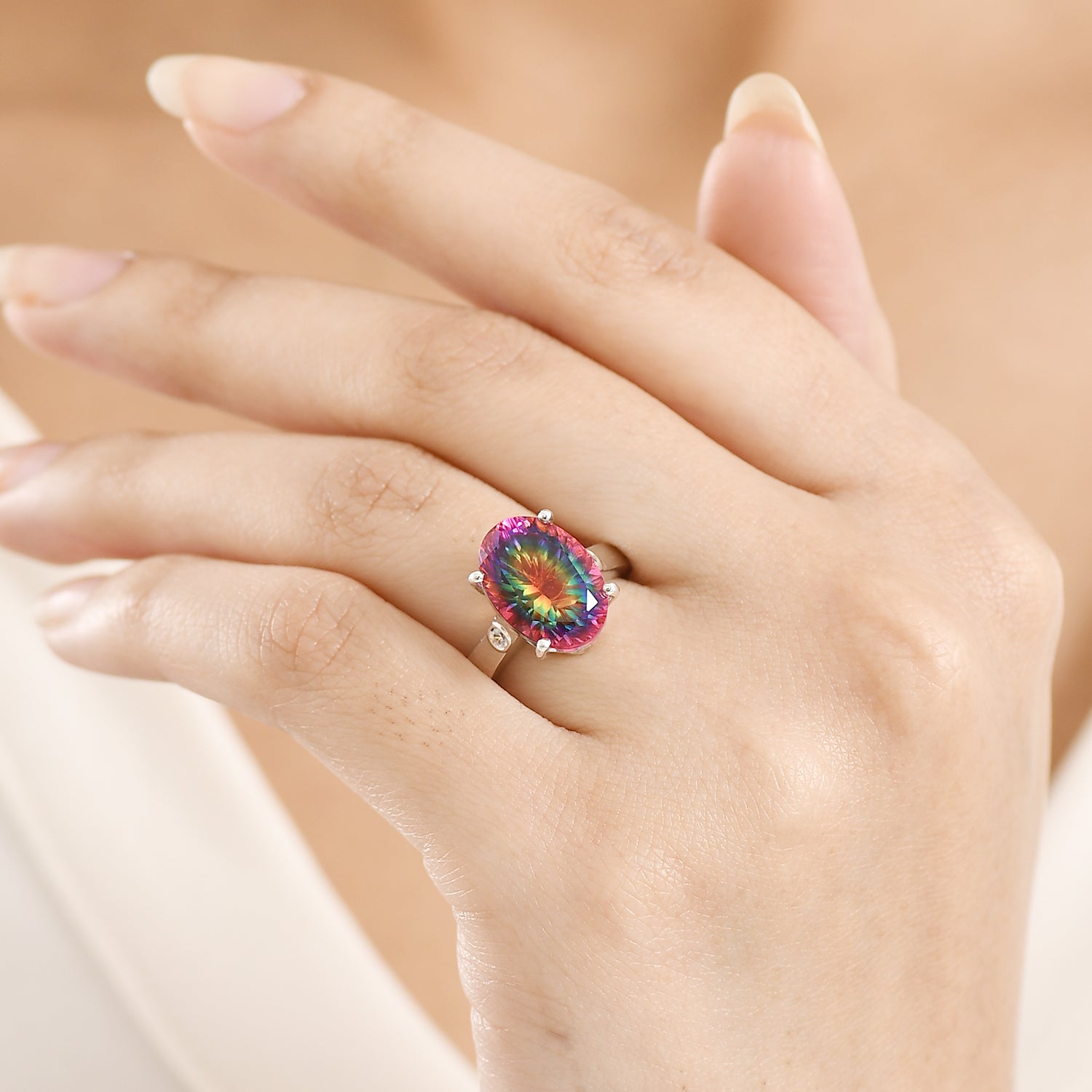 D'Joy Nebula Quartz Doublet &amp; White Zircon Solitaire Ring in Rhodium Overlay Sterling Silver 7.20 Ct. V32520133 3