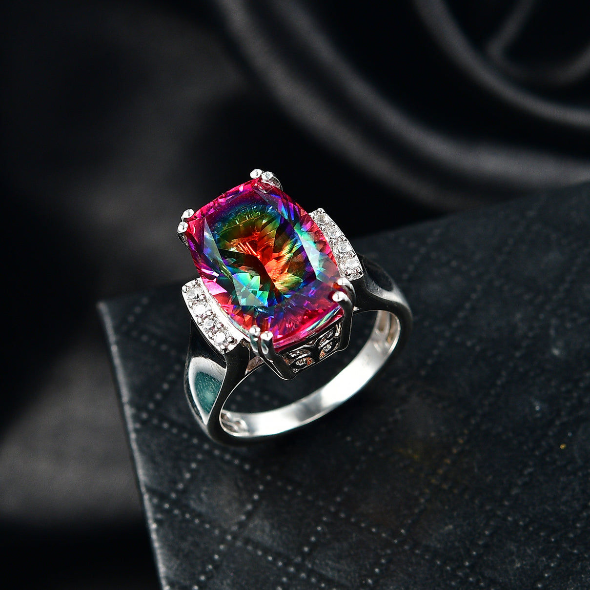 D'Joy Nebula Quartz Doublet &amp; White Zircon Ring in Rhodium Overlay Sterling Silver 8.04 Ct. 8370040 2