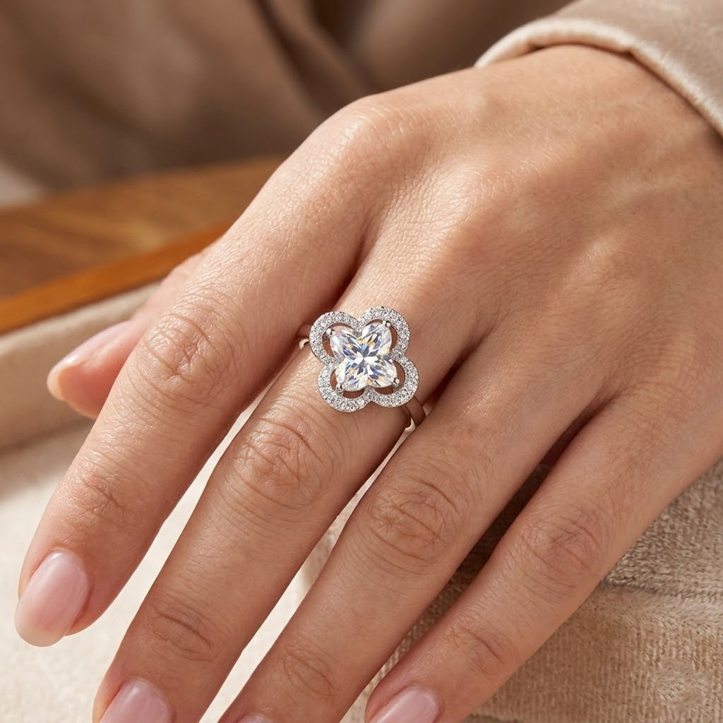 D'Joy Moissanite Floral Halo Ring in Rhodium Overlay Sterling Silver  4.64 Ct._8370627_1
