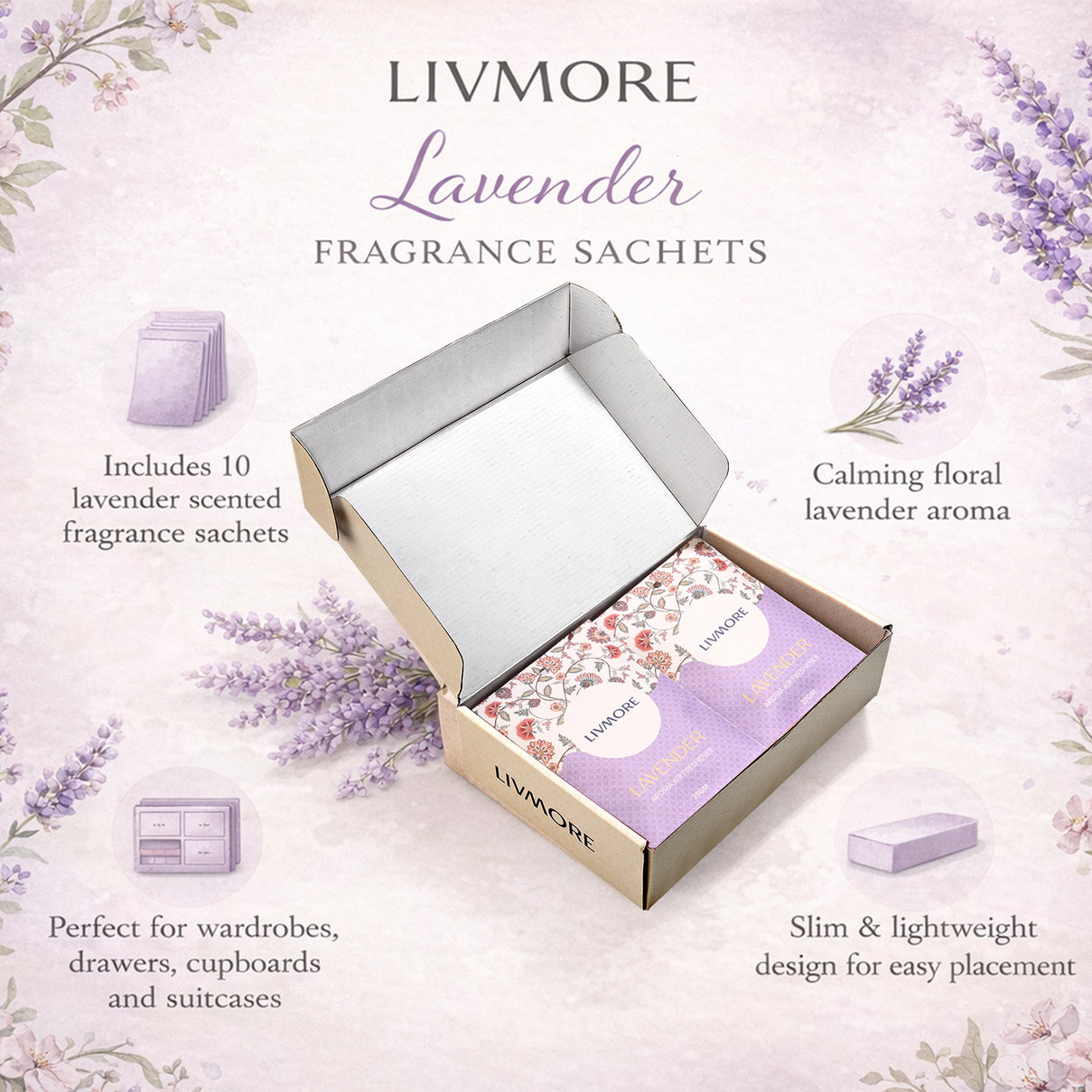 Livmore Set of 10 Lavender Fragrance Sachets (Size 8 x 9Cm) V32491213 2