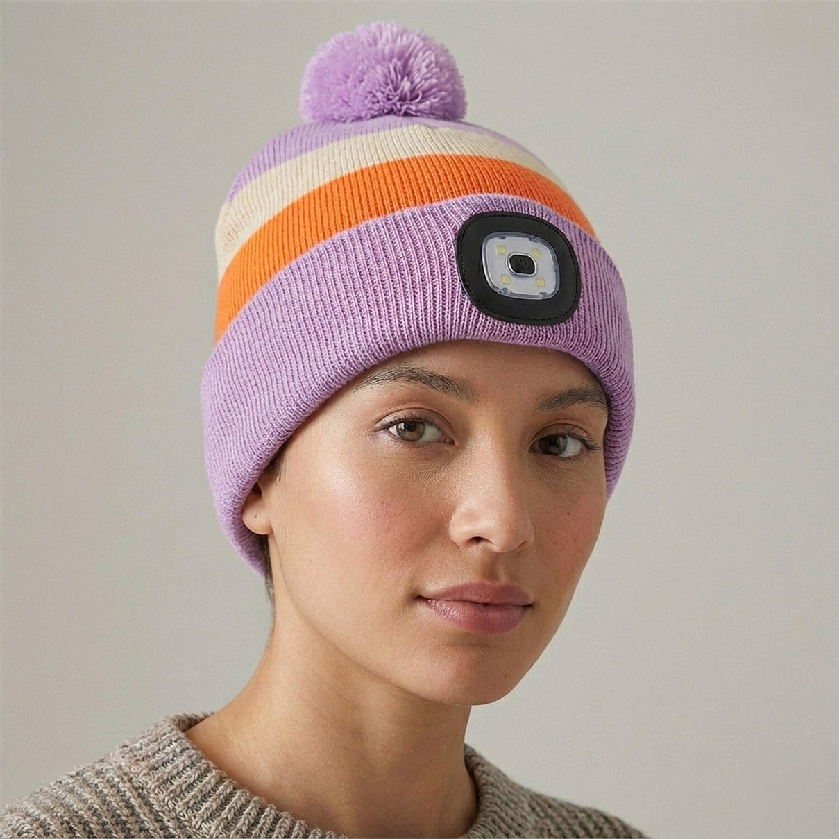 Heat Machine USB LED Block Stripe Bobble Hat with Rechargeable Light (One Size) - Lilac V32515398 1