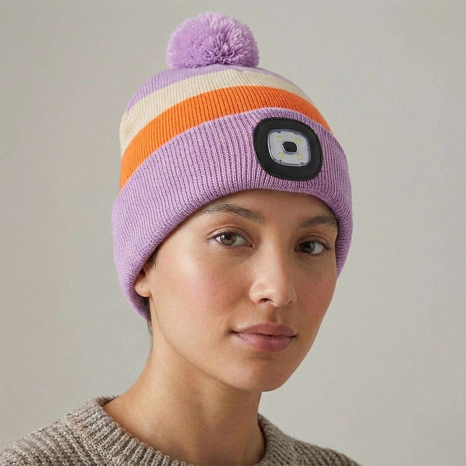 Heat Machine USB LED Block Stripe Bobble Hat with Rechargeable Light (One Size) - Lilac V32351487 1