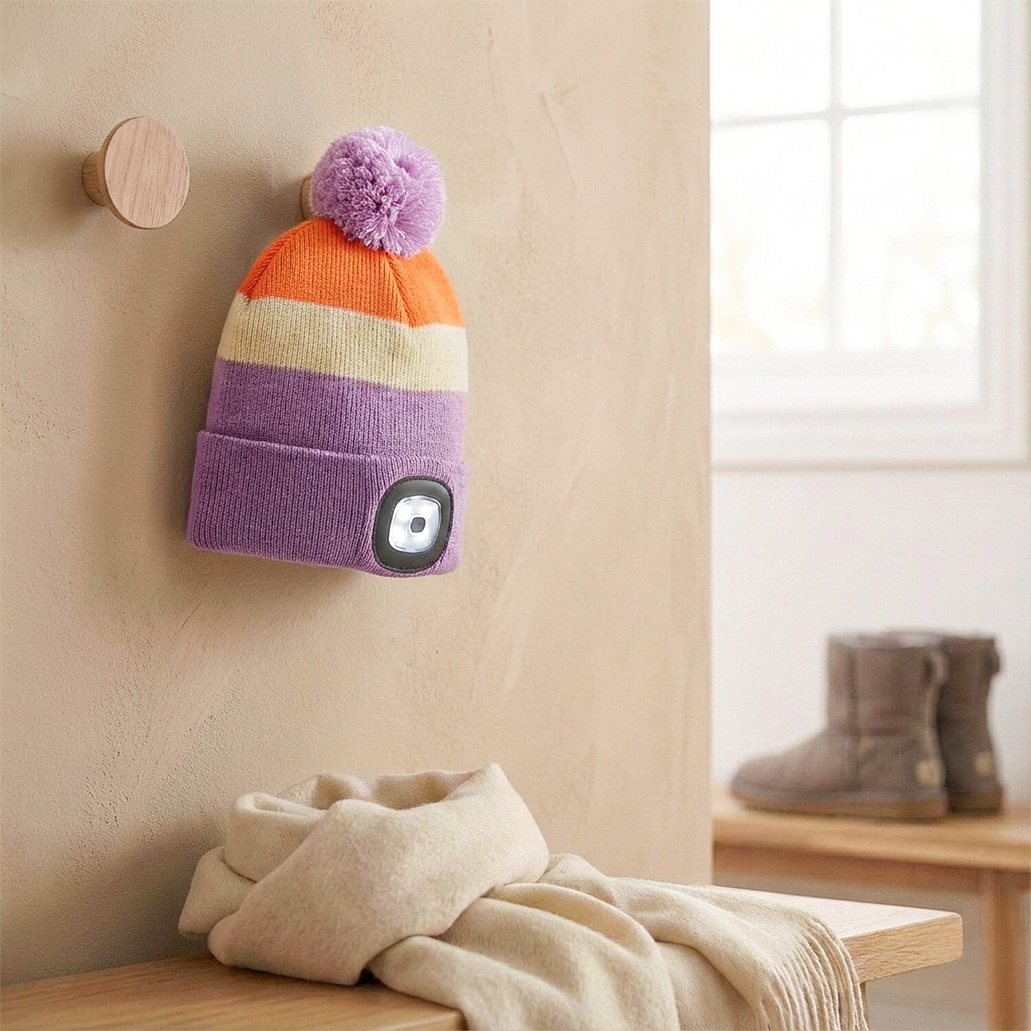 Heat Machine USB LED Block Stripe Bobble Hat with Rechargeable Light (One Size) - Lilac V32349541 2