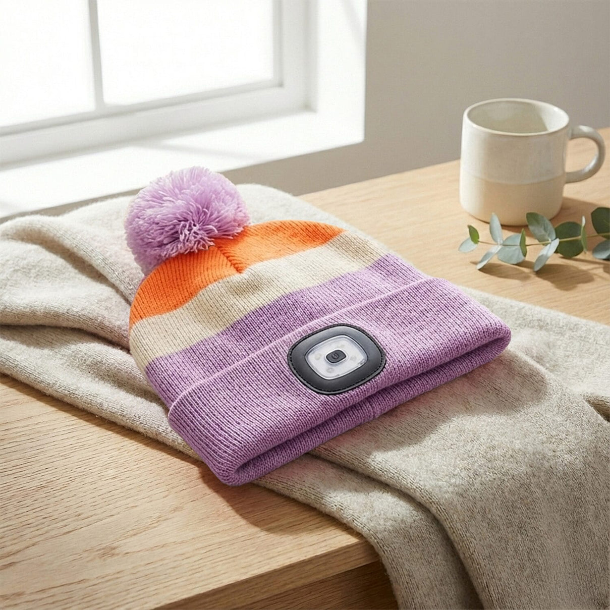 Heat Machine USB LED Block Stripe Bobble Hat with Rechargeable Light (One Size) - Lilac V32349541 0