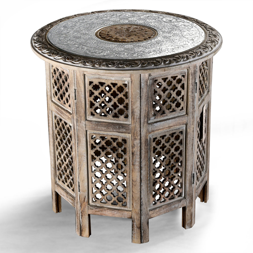 Hand Carved Oxidized Pattern Table (53cm) - Silver & Brown._8374524