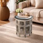 Hand Carved Oxidized Pattern Table (53cm) - Silver & Brown._8374524_1