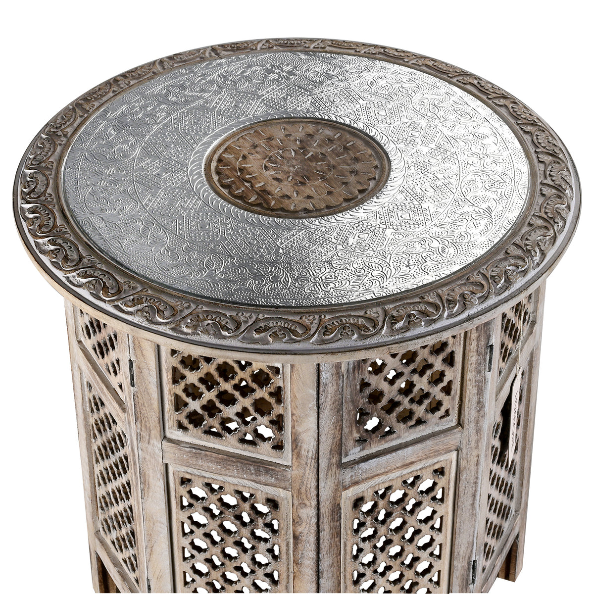 Bliss &amp; Beyond Hand Carved Oxidized Pattern Table (53cm) - Silver &amp; Brown V32628780 5