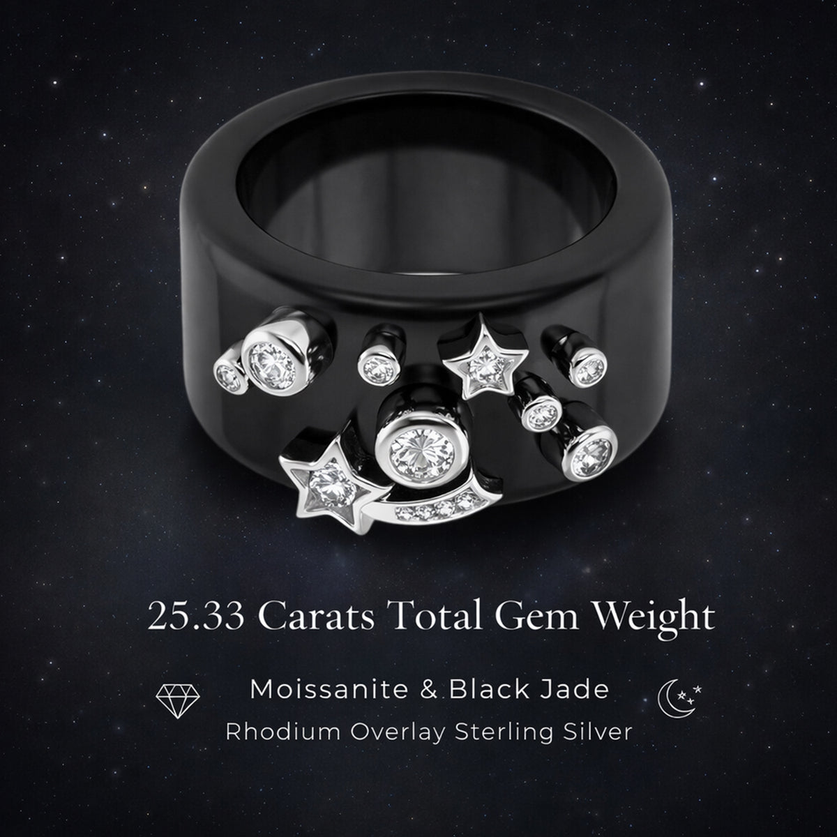 D'Joy Moissanite, Black Jade Band Celestial Ring in Rhodium Overlay Sterling Silver 25.33 Ct. V32577003 5