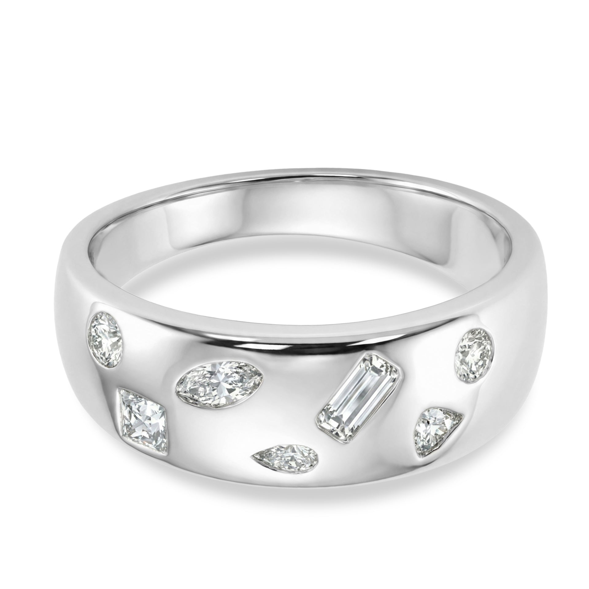 D'Joy Multi Cut Moissanite Wide Band Ring in Rhodium Overlay Sterling Silver V32490626 0