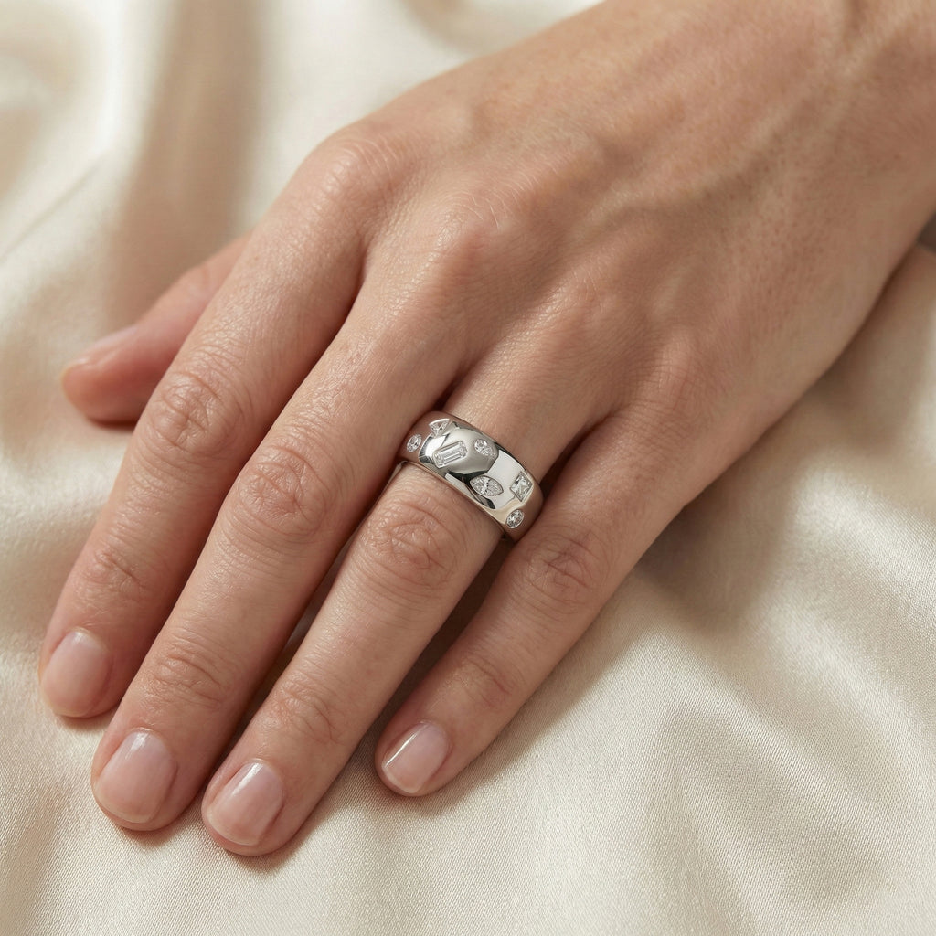 D'Joy Multi Cut Moissanite Wide Band Ring in Rhodium Overlay Sterling Silver_8375120_2
