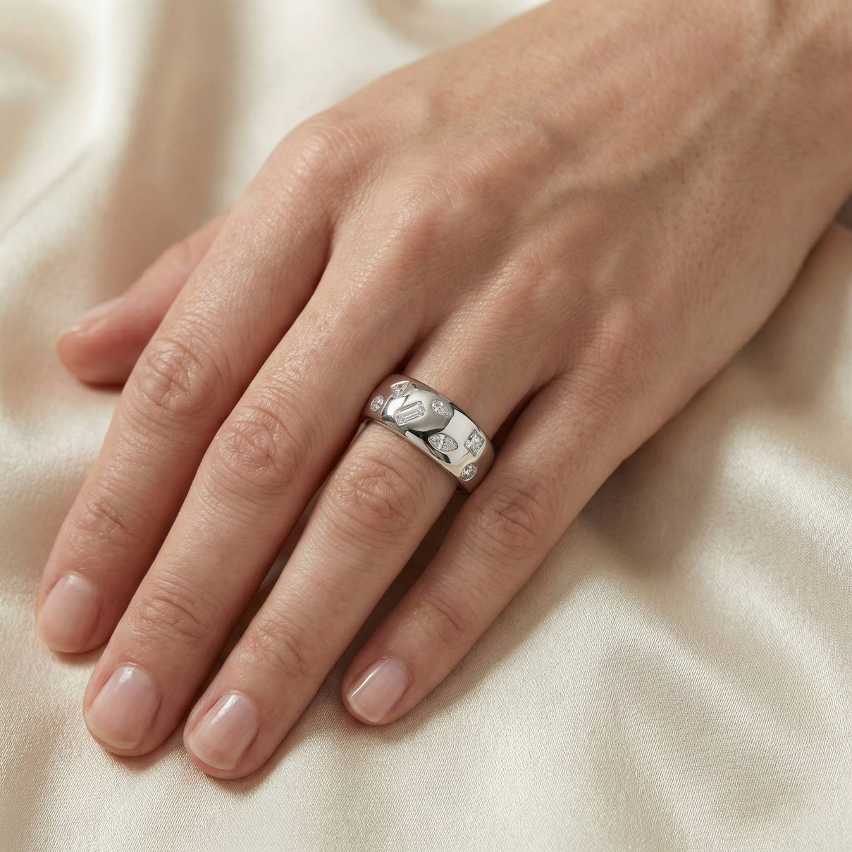 D'Joy Multi Cut Moissanite Wide Band Ring in Rhodium Overlay Sterling Silver V32490626 3
